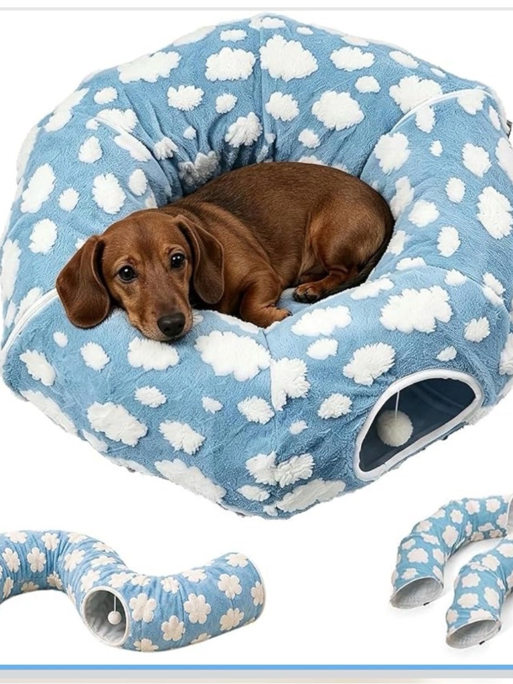 Cloud-Print Blue Plush Donut Dog Bed with Hideaway Tunnel